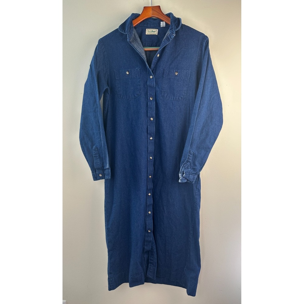 L.L. Bean Vintage Denim Shirt Dress Size 14 Blue Cotton LS USA Modest No Belt - Picture 3 of 11